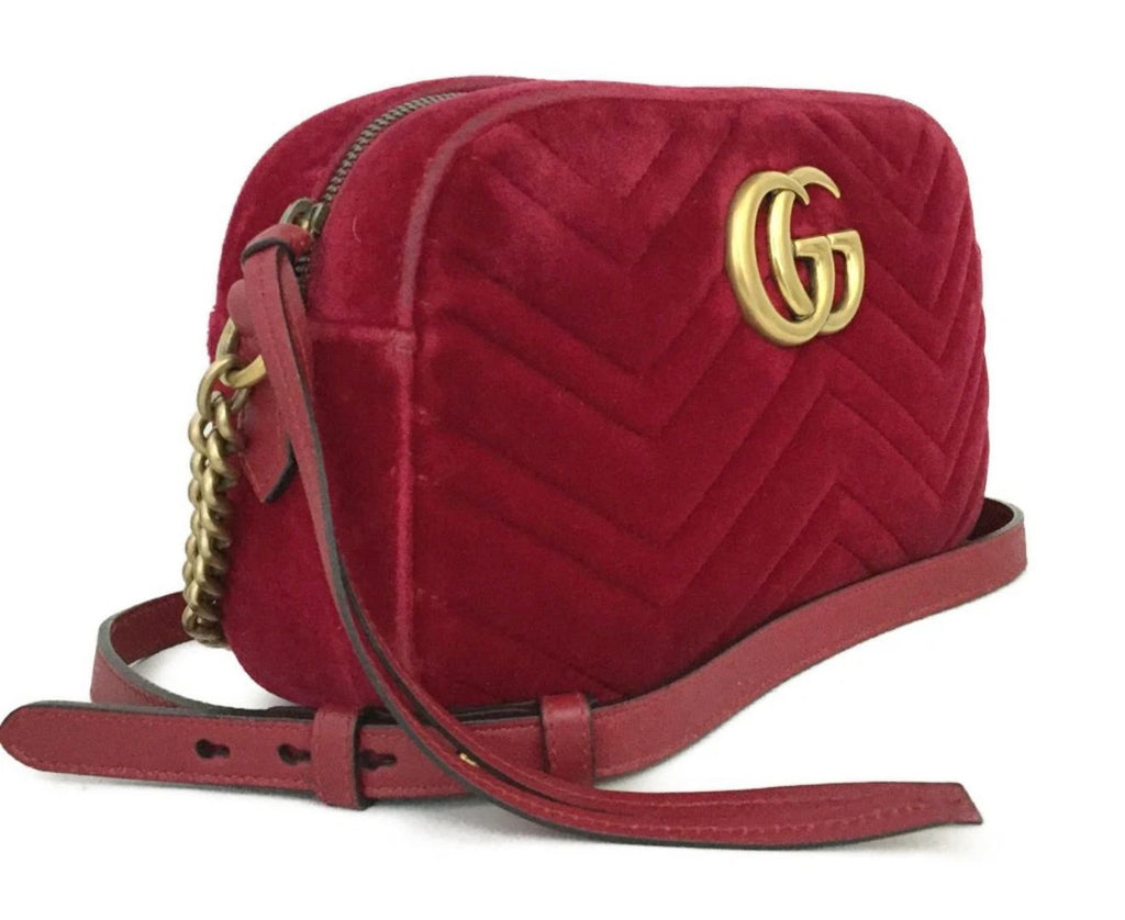 GUCCI GG Marmont Quilted Red Velvet Chain Crossbody Bag