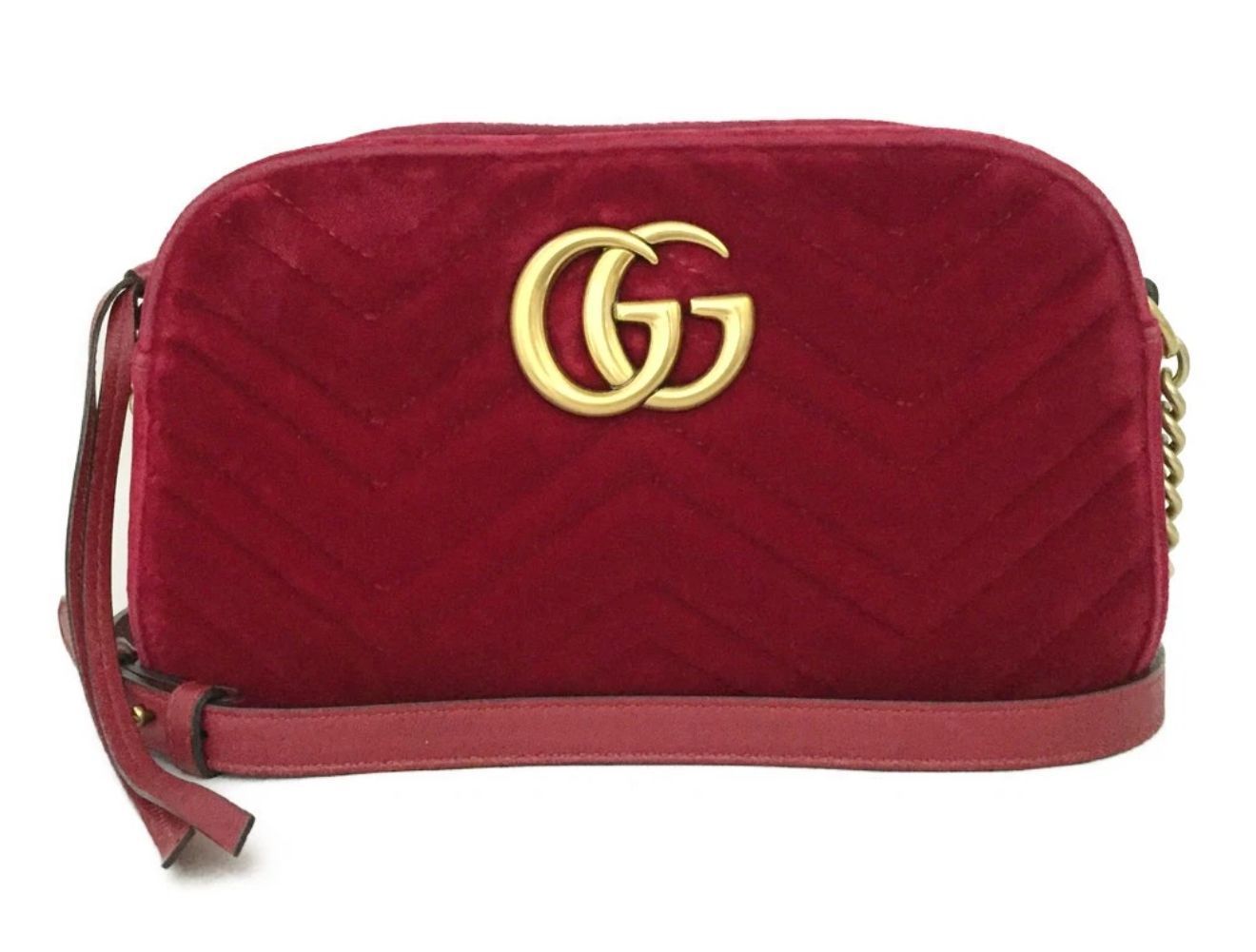 GUCCI GG Marmont Quilted Red Velvet Chain Crossbody Bag