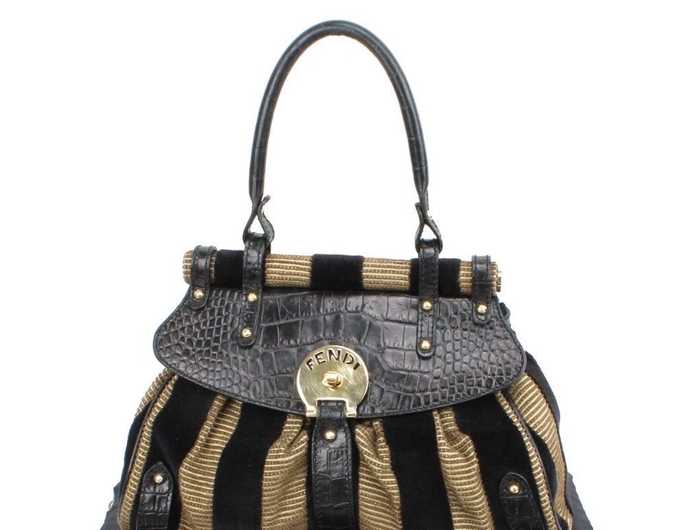 Fendi Black Brown Velvet Magic Pequin Gold-Toned Hardware Handbag