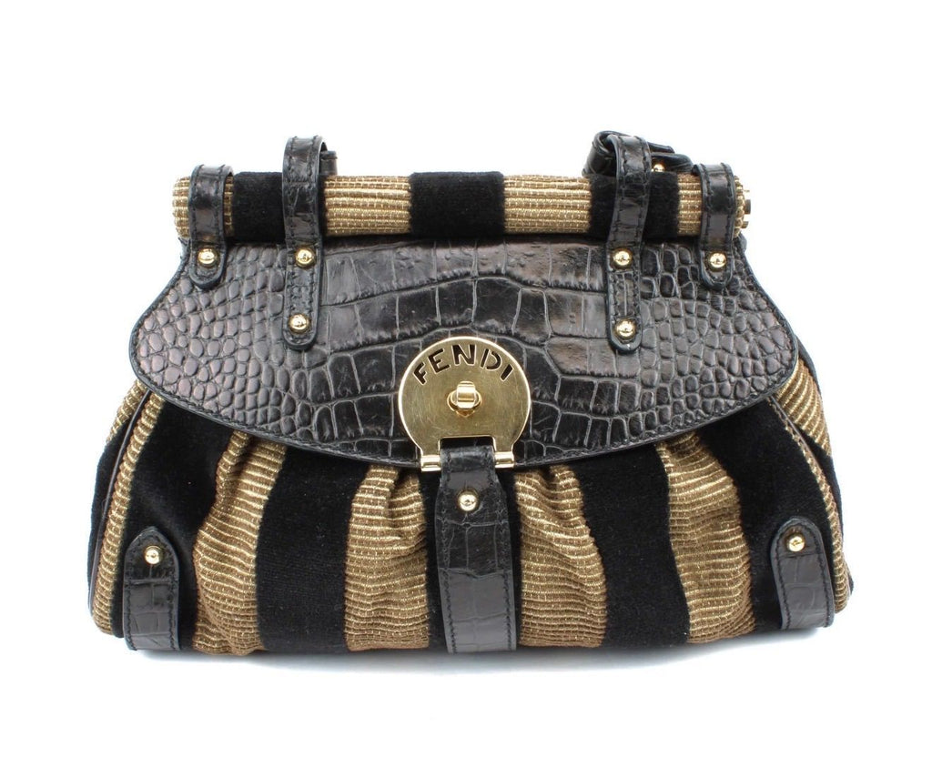 Fendi Black Brown Velvet Magic Pequin Gold-Toned Hardware Handbag