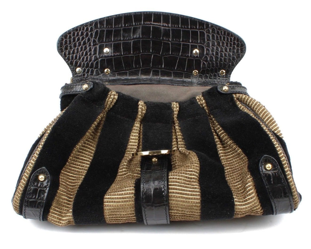 Fendi Black Brown Velvet Magic Pequin Gold-Toned Hardware Handbag