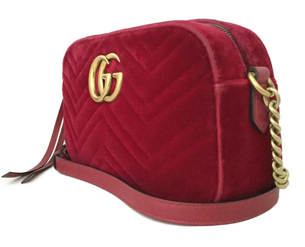 GUCCI GG Marmont Quilted Red Velvet Chain Crossbody Bag