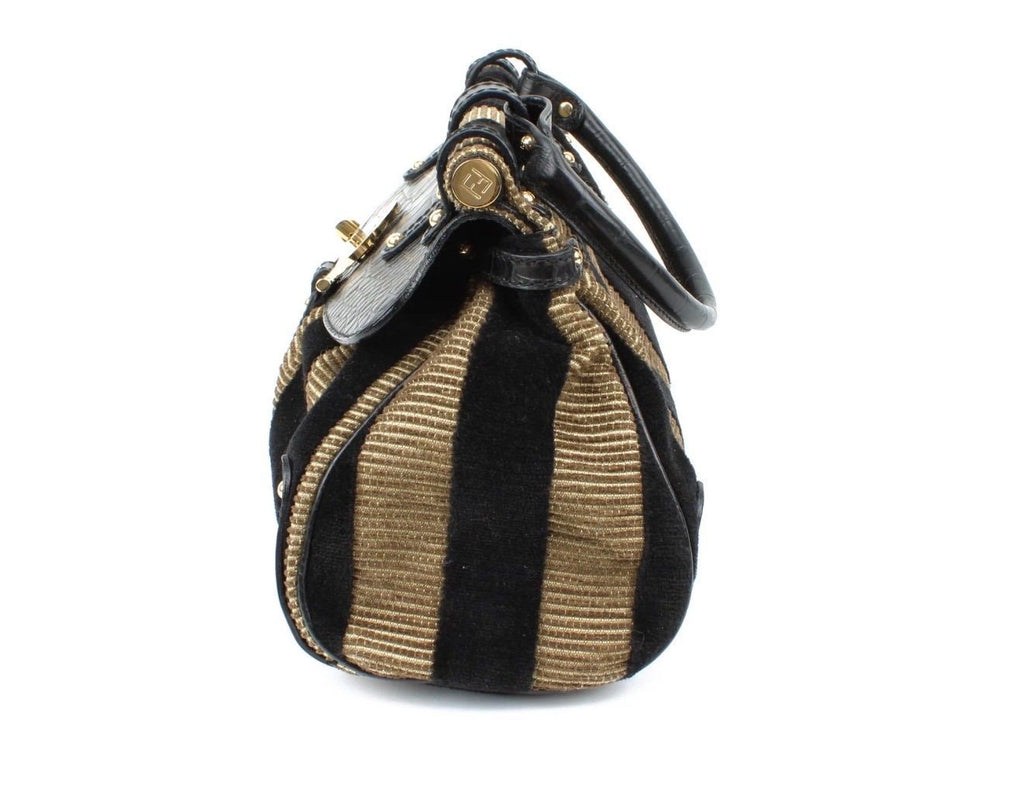 Fendi Black Brown Velvet Magic Pequin Gold-Toned Hardware Handbag